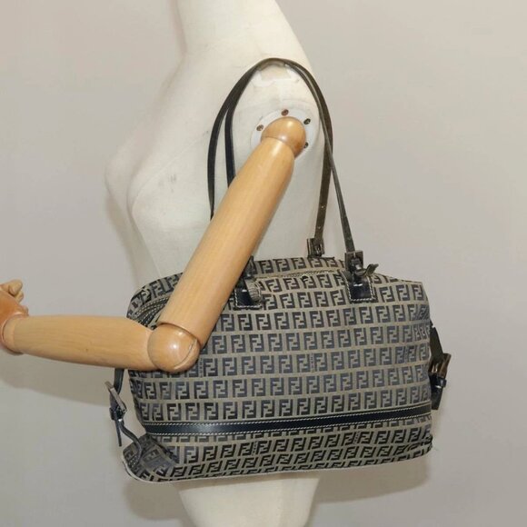 FENDI Zucchino Canvas Hand Bag Navy Silver Auth - Picture 1 of 16